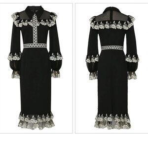 Vintage Elegant Black and White Lace Trim Dress